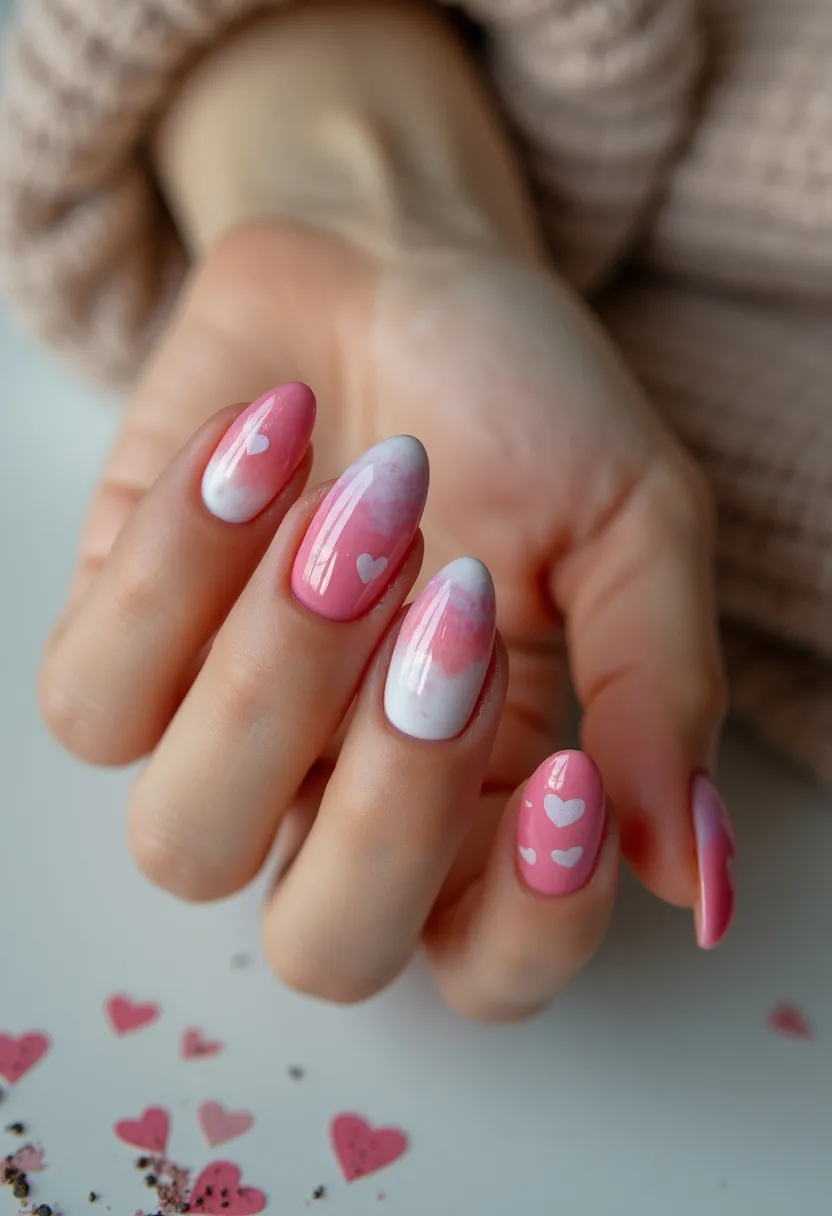 The nail design features an almond shape, with a color palette dominated by soft pink and white hues. The nails are adorned with intricate designs, including gradient patterns blending pink and white, and small white heart shapes on some of the nails. The glossy finish suggests a gel treatment, providing a smooth and shiny appearance. This design carries a romantic, seasonal theme, ideal for occasions such as Valentine's Day. The combination of colors and patterns exudes a delicate and feminine aesthetic.