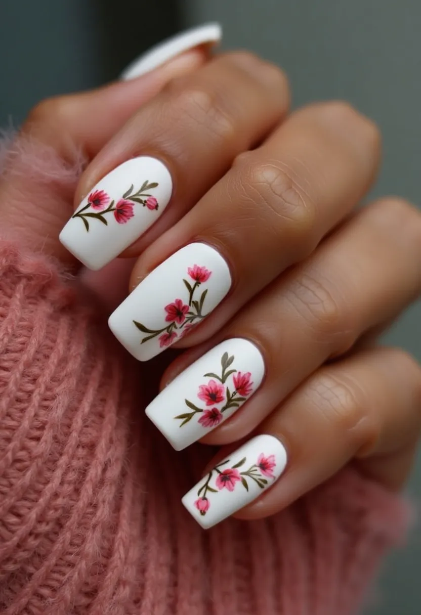 The nail design showcases a beautiful blend of elegance and simplicity with a predominantly white color palette. The nails are shaped in a medium length, square style, offering a modern and sophisticated look. Each nail is adorned with delicate floral patterns featuring vibrant pink flowers with slender green stems and leaves, adding a touch of intricacy and charm. The detailed floral decorations sit seamlessly on a smooth, white base that appears to be either matte or slightly satin-finished, suggesting a gel or acrylic treatment for a durable and glossy finish. This design exudes a fresh, spring-themed vibe, making it an excellent choice for the spring season or special occasions such as weddings or garden parties. The overall aesthetic is refined and whimsical, perfect for someone seeking a fresh and tasteful nail design.