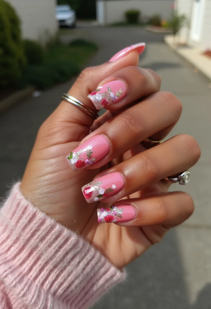 The nail design showcases a vibrant and playful color palette with a base of pastel pink. The nails are shaped in a modern square style, and they appear to be treated with gel polish, giving them a smooth and glossy finish. Intricate floral patterns and decorations adorn each nail, featuring delicate flowers in shades of red, white, and purple, enhanced with touches of gold and green leaves. Some nails feature a shimmering silver glitter gradient at the tips, adding a touch of sparkle. This intricate design could be ideal for a spring or summer theme, celebrating the vibrant blooms of the season.