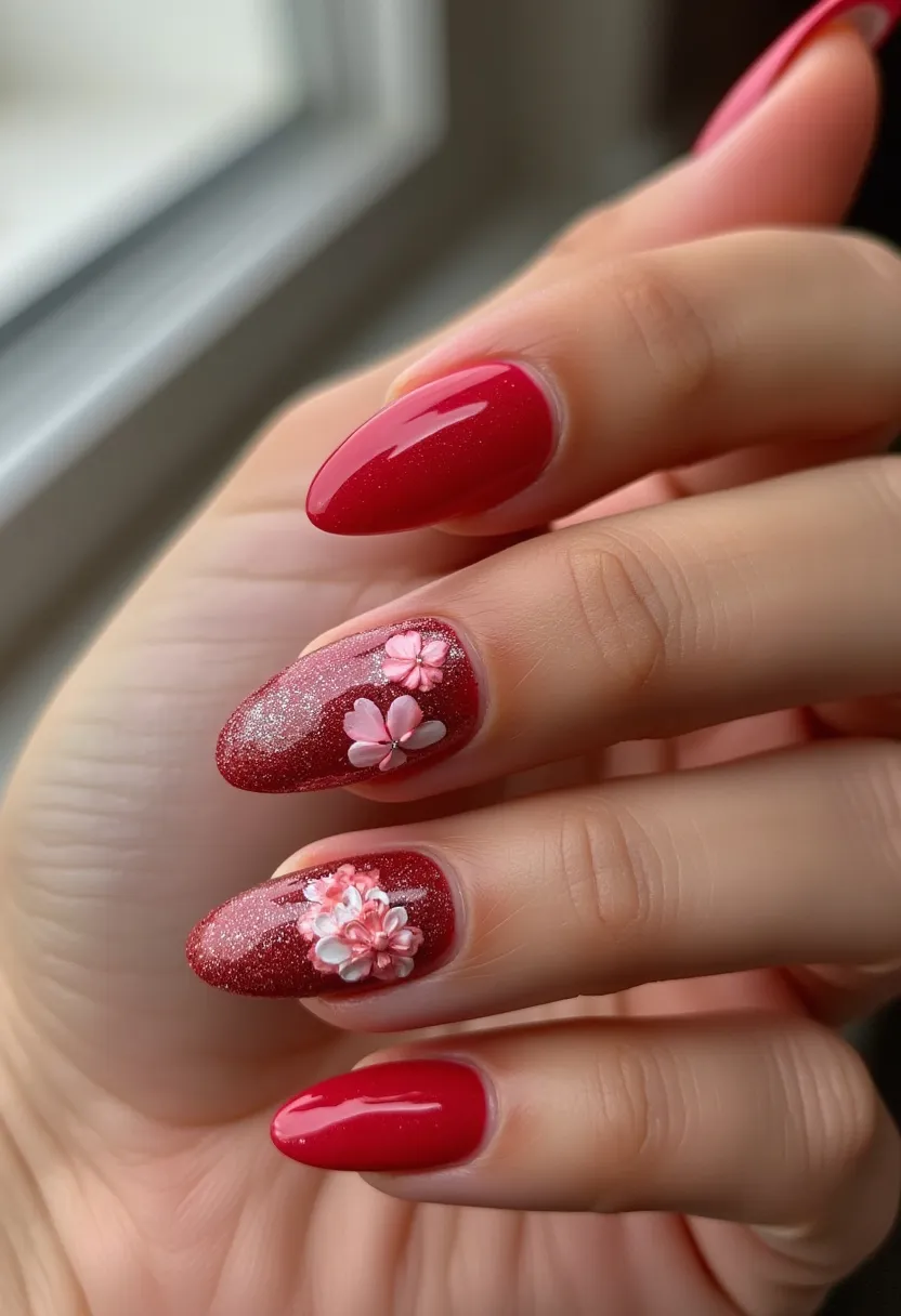 The nail design features a striking red color palette with a combination of solid and glittery finishes. The nails are shaped in an elegant almond style, providing a sophisticated look. Notably, two of the nails are adorned with intricate 3D floral decorations in shades of pink and white, adding a touch of delicacy and charm. The remaining nails maintain a rich, glossy red finish. The type of nail treatment appears to be gel, given the high shine and smoothness of the finish. This design is perfect for spring or summer, evoking a fresh, blossoming garden atmosphere, and is ideal for special occasions such as weddings or celebrations that call for a touch of elegance and femininity.