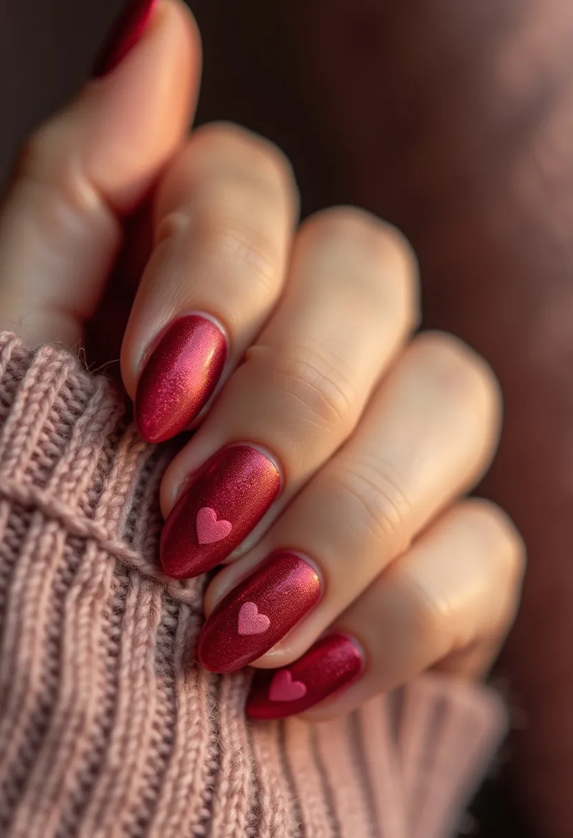 The nail design features a rich, metallic red color palette with an almond shape. Each nail showcases a smooth, lustrous finish indicative of a gel or possibly shellac treatment, offering a glossy and durable appearance. Adding a touch of charm, there are pink heart decorations placed delicately on some of the nails, enhancing the overall aesthetic and hinting at a romantic or Valentine’s Day theme. The cohesive combination of the shimmering red base and the sweet heart motifs creates a visually appealing and seasonally appropriate manicure, perfect for special occasions centered around love and affection.