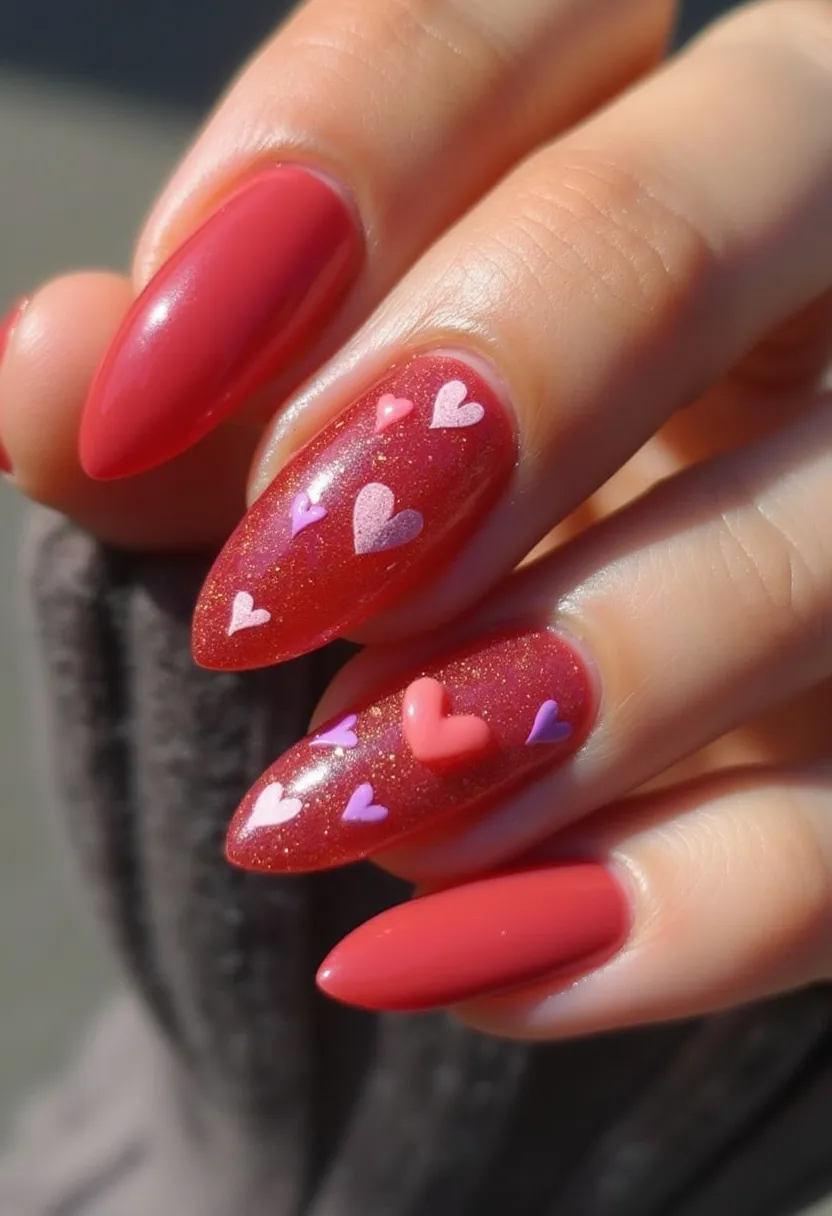 The nail design features almond-shaped nails with a warm, vibrant red color palette. The nails are done using a gel treatment, as indicated by their glossy and smooth finish. Two of the nails incorporate intricate patterns, with small, colorful heart decorations in shades of pink and purple, adding a playful and charming touch. These hearts are applied over a slightly glittery red base, enhancing the festive and romantic theme, likely suited for Valentine's Day or an occasion centered around love and affection. The overall look is both stylish and whimsical, making it perfect for celebrating a special occasion with a touch of fun.