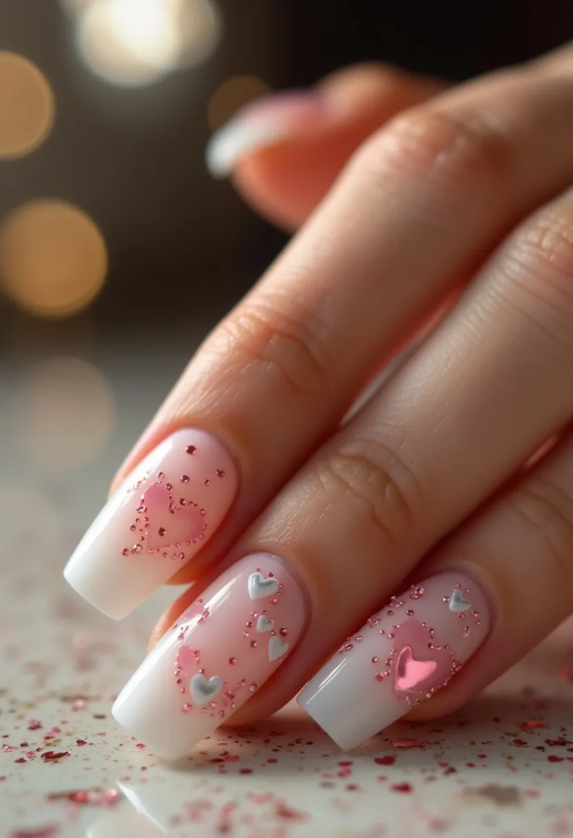 The nail design features a delicate and romantic color palette consisting primarily of soft pink and white tones, accented with numerous small, sparkly red decorations. The nails are squared and neatly filed, displaying a harmonious blend of pastel pink at the nail beds transitioning to white tips. The design is adorned with intricate heart-shaped patterns, some filled with a soft pink hue and surrounded by red glitter, adding a touch of charm and shine. The use of white 3D heart embellishments further enhances the romantic theme. The nails likely feature a gel treatment, providing a glossy and smooth finish, suggesting a special occasion such as Valentine's Day.