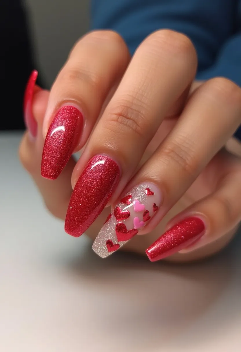 The nail design features a vibrant red color palette with a subtle shimmer, giving a festive and eye-catching appearance. The nails are long and almond-shaped, providing an elegant and sleek look. For the ring finger, there's a clear base adorned with red and pink heart-shaped decorations, adding a playful and romantic touch, suitable for occasions like Valentine's Day. The treatment appears to be gel nail polish, known for its glossy finish and durability. The combination of sparkling red and heart patterns makes for a charming and unique design ideal for special celebrations centered around love and affection.