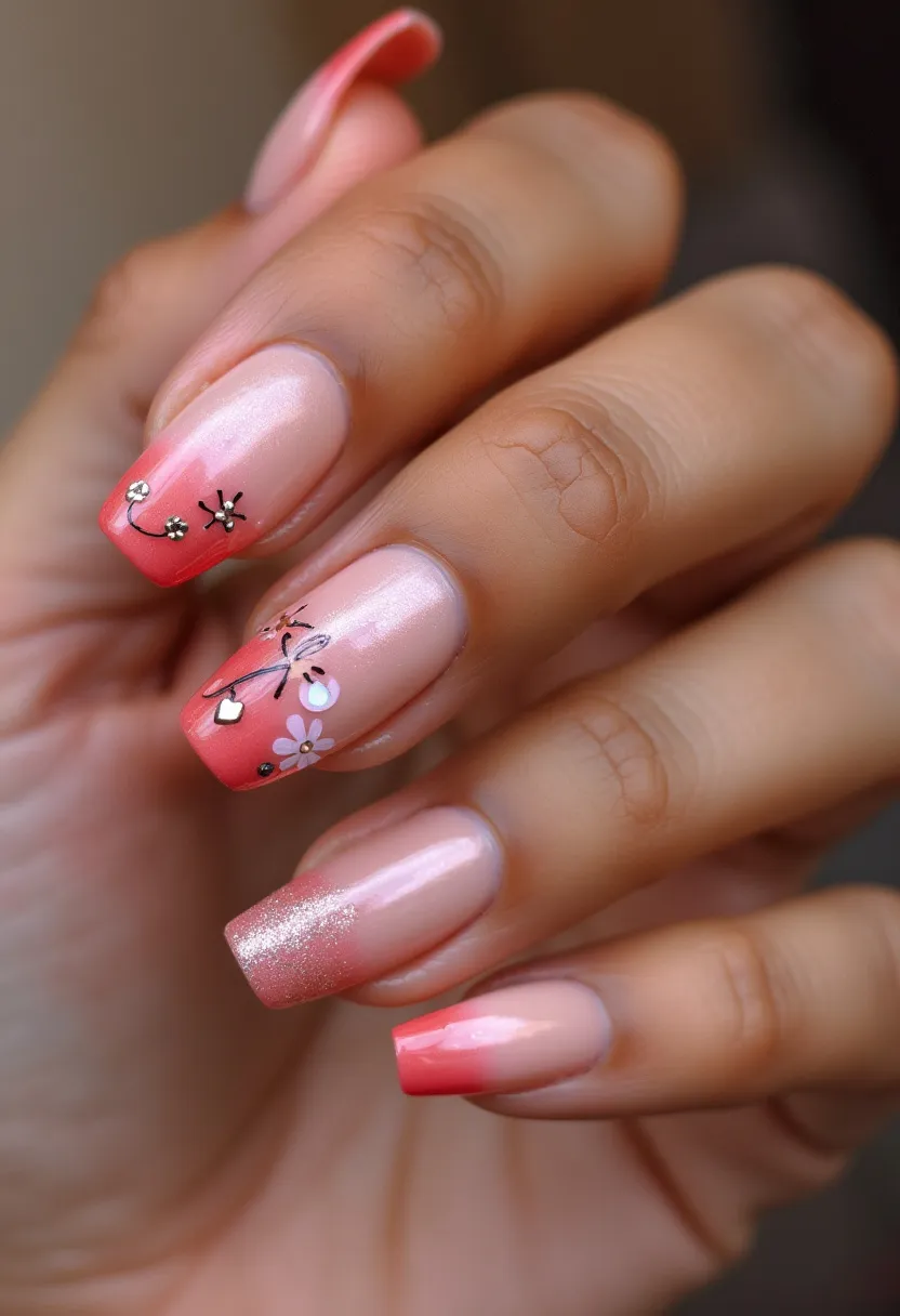 This nail design features a lovely ombré color palette blending from a soft pink at the base to a vibrant coral-pink at the tips. The nails are shaped with a fluid, rounded square style, providing a modern and elegant look. Intricate patterns are present, showcasing delicate floral designs and metallic embellishments that add a touch of sophistication and detail. The ring finger nail includes small white flowers with some embellishment of glitter, while the middle fingernail features subtle silver and black floral art. The treatment appears to be a gel manicure, providing a glossy and durable finish, making it suitable for special occasions like weddings or spring-themed events, enhancing the overall aesthetic with its charming and meticulous design.