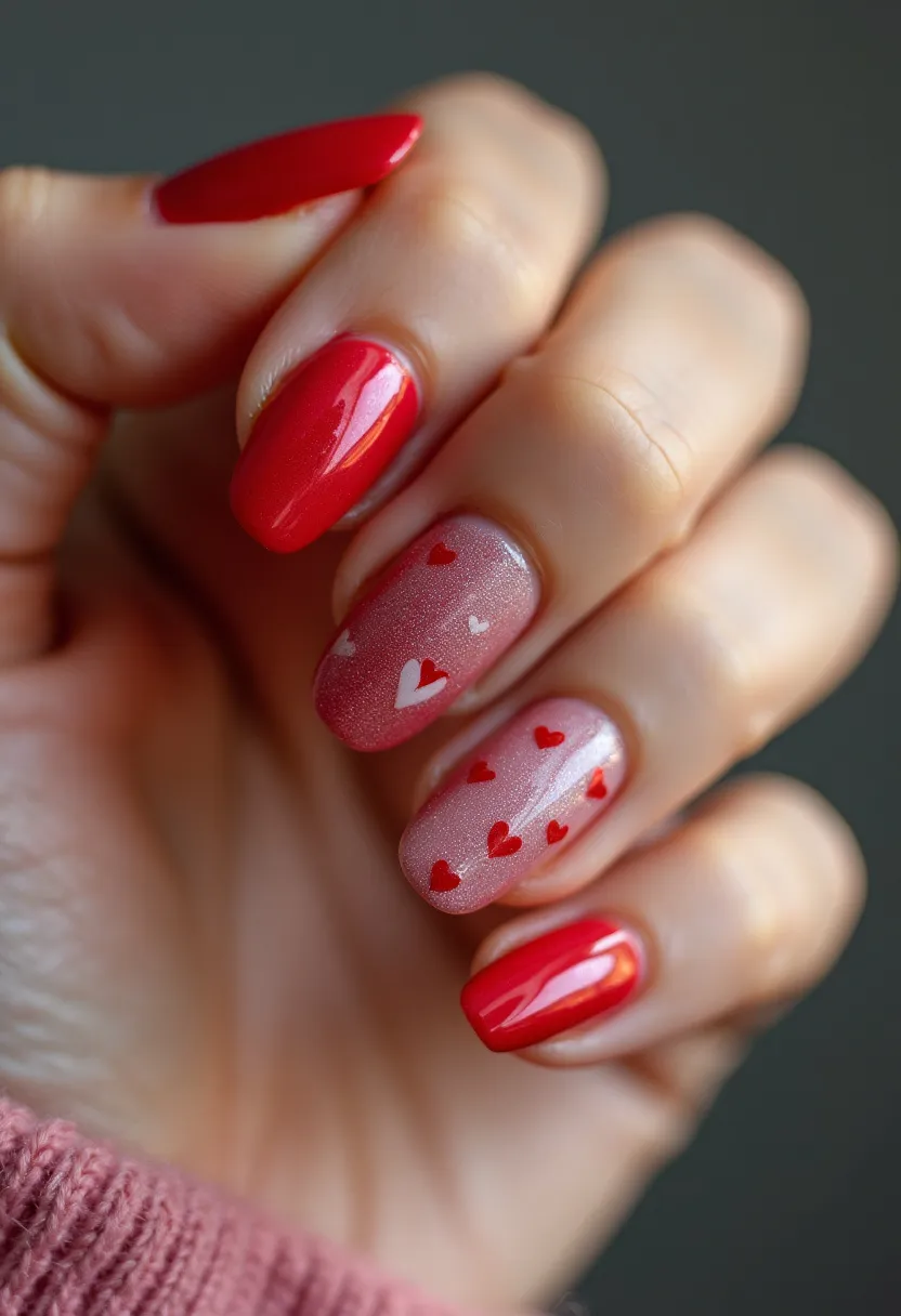 This nail design features a festive and romantic aesthetic with a vibrant red color palette and almond-shaped nails. The nails are treated with a glossy finish, likely using gel polish, for a smooth and shiny appearance. The color scheme predominantly includes deep red nails, with two accent nails adorned with intricate heart patterns. One accent nail showcases a gradient effect from light pink to red with scattered small red hearts, while the other includes more prominent white and red heart shapes. This pattern suggests a Valentine's Day theme, making the design perfect for celebrating love and affection. The overall look is both charming and eye-catching, with a delightful combination of bold color and delicate details.