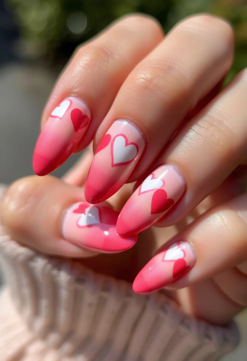 This nail design features a striking color palette blending shades of pink and red with a gradient effect, perfect for a romantic or Valentine's Day theme. The nails are shaped into a stylish almond form, giving a chic and elegant appearance. Intricate patterns of white and red hearts adorn the nails, adding a playful and loving touch. The use of a glossy finish suggests it may be a gel or shellac treatment, providing a shiny, long-lasting look. The overall design is vibrant and thoughtfully executed, making it ideal for a special occasion emphasizing love and affection.