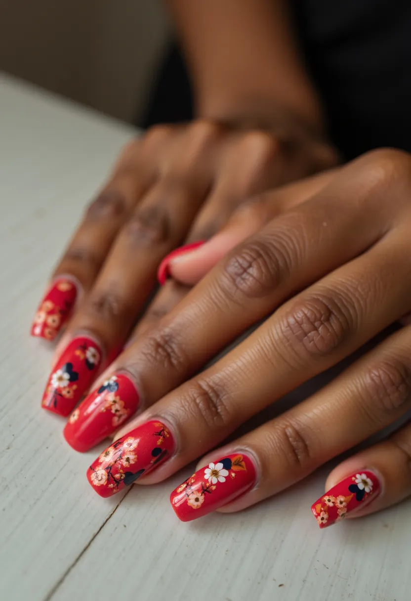 The nails feature a vibrant red color palette, providing a bold background for the intricate floral patterns and decorations. The nails are shaped in a stylish medium to long square shape. Each nail showcases delicate floral designs in white, peach, and pink hues with occasional black accents, reminiscent of daisy flowers. This intricate pattern, possibly created using a gel nail treatment, adds a three-dimensional aspect to the nails. The floral design suggests a spring or summer theme, making these nails perfect for those seasons or any floral-themed special occasion.