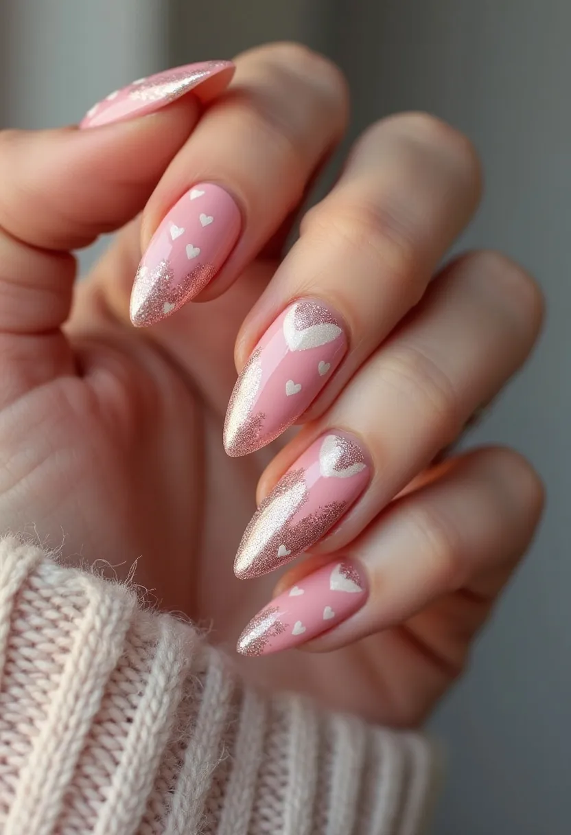 This nail design features a charming combination of pink and glittery silver hues. The nails are shaped into elegant stilettos, providing a striking and elongated appearance. Intricate patterns adorn the nails, with dainty white hearts scattered across the pink base, creating a delicate and romantic look. The tips of the nails are embellished with a shimmering silver gradient, adding a touch of glamour. This manicure appears to utilize a gel or shellac treatment, contributing to its glossy finish and durability. The design exudes a whimsical, romantic theme, perfect for occasions such as Valentine's Day or wedding celebrations.