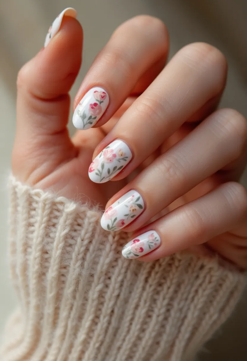 The nail design features an almond shape with a white base color, providing a clean and fresh canvas. Delicate flower patterns adorn each nail, showcasing pink and red blooms complemented by green leaves, creating a charming and feminine look. These intricate floral details suggest a hand-painted technique, possibly achieved using either gel or acrylic paint for precision and durability. The design exudes a soft and romantic vibe, making it suitable for springtime or special occasions such as weddings or garden parties. The overall aesthetic is elegant and meticulously crafted, embodying a sense of natural beauty and sophistication.