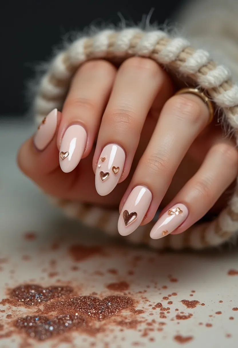 The nail design features a soft, pastel pink color palette with almond-shaped nails that have a slight taper at the tips. Each nail is adorned with metallic rose gold heart decals, adding a touch of elegance and charm. The nails exhibit a glossy finish, indicative of a gel or shellac treatment, which enhances their shine and durability. The intricate heart patterns are carefully placed, with some nails showcasing a single, large heart while others have a cluster of smaller hearts, creating a cohesive yet varied look. This design exudes a romantic theme, making it suitable for special occasions like Valentine's Day or weddings.