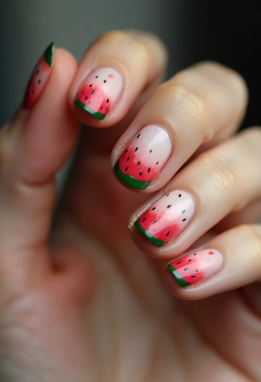 This nail design features a fun and vibrant watermelon theme, ideal for summer or a casual, playful occasion. The nails are short and rounded, painted to resemble watermelon slices. The color palette includes a gradual blend of pinkish-red for the flesh of the watermelon, transitioning from a soft light pink base at the cuticle area. The tips are adorned with a vibrant green to mimic the watermelon rind. Tiny black dots are scattered across the pink-red area, representing the seeds. The glossy finish suggests a gel treatment for added durability and shine. The intricate watermelon pattern is highlighted by the attention to detail and color blending, making it a standout seasonal nail design.