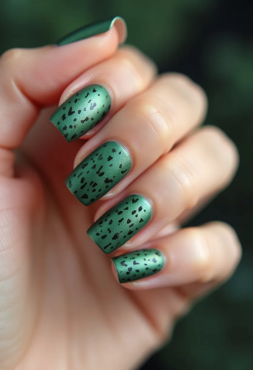 The nail design showcases a bold, matte green color palette with a subtle metallic sheen, creating a fresh and vibrant look. Each nail is medium-length and shaped with a square tip, giving a modern and chic appearance. The nails are decorated with scattered black speckles, adding a playful and organic touch to the overall design. This speckled pattern resembles an animal print, perhaps inspired by nature or botanical themes, perfect for a unique everyday look or thematic events. The finish appears to be achieved using a gel or acrylic treatment, ensuring durability and a smooth, polished finish. This design would be particularly fitting for a spring or summer season, showcasing a blend of creativity and elegance.