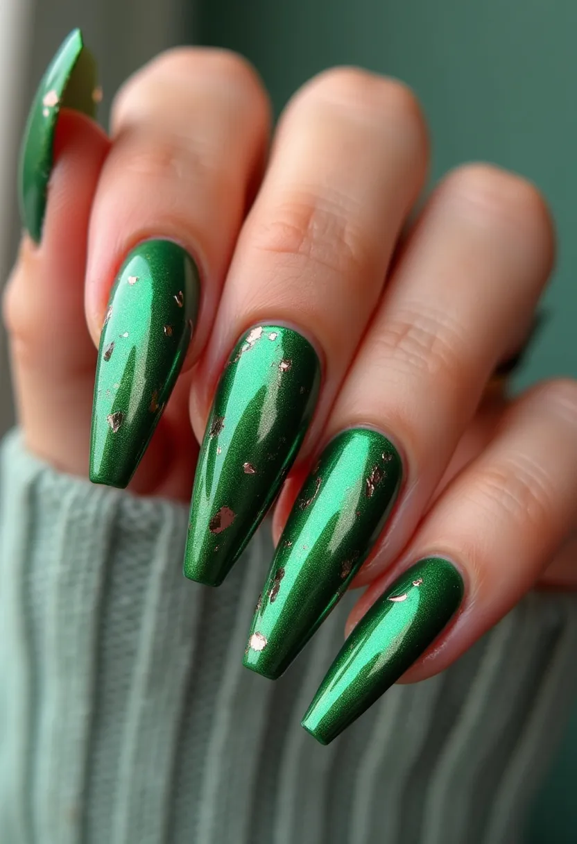 The nail design features a vibrant green color palette with a metallic sheen, showcasing a luxurious and eye-catching appearance. The nails are tapered in a coffin shape, providing a modern and chic look. Intricate gold foil flakes are speckled throughout each nail, adding a touch of elegance and sophistication. The use of a glossy finish suggests that the nails might have been treated with gel polish, ensuring durability and shine. This combination of green and gold makes it suitable for festive autumn or winter seasons, or special occasions such as holiday celebrations. The overall theme portrays a fashionable and festive vibe, perfect for making a statement.