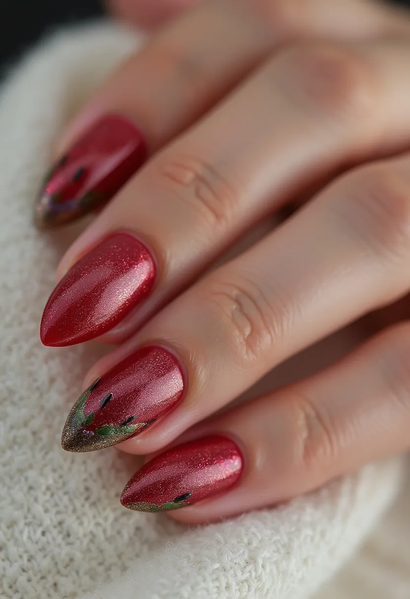 The nail design features a rich red color palette with a shimmery finish, indicative of gel or shellac treatment due to the high gloss and durability. The nails are shaped into a pointed almond style, which elongates the appearance of the fingers. Intricate floral patterns are delicately painted near the tips, incorporating shades of green and black with a hint of gold, adding a touch of elegance and sophistication. This design, with its deep, glittery red and floral accents, is perfect for a festive holiday season, perhaps appropriate for occasions like Christmas or New Year's Eve celebrations. The overall design combines festive vibrancy with refined artistry for a standout look.