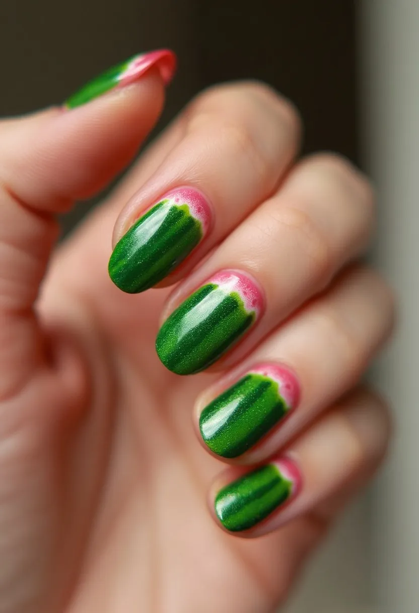 The nail design features a vibrant color palette with shades of green and pink. The nails are oval-shaped and showcase an intricate watermelon-inspired pattern. The base of each nail is painted pink with a touch of white to imitate the rind, and the majority of the nail is a rich green with darker green stripes to resemble the outer skin of a watermelon. This design likely uses gel polish, given the glossy finish and smooth appearance. The theme of the manicure is playful and summery, making it suitable for the summer season or a fun, casual occasion. The attention to detail in the portrayal of the watermelon pattern makes this nail art stand out as creative and eye-catching.