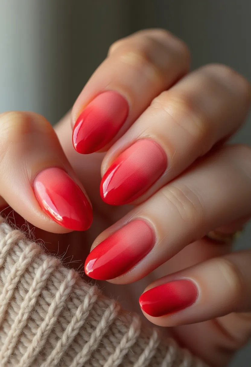 The nail design features a warm and vibrant gradient palette that transitions smoothly from a soft pink near the cuticle to a bold red at the tips, creating a striking ombre effect. The nails are shaped in a medium-length almond silhouette, providing an elegant and elongating appearance to the fingers. The glossy finish indicates a gel treatment, enhancing the durability and high-shine gloss of the nails. This nail design is versatile and can be a stylish choice for any season but is particularly fitting for festive occasions or celebrations due to the vivid color scheme. The attention to detail in the gradient ensures a seamless blend between the colors, adding to the sophistication of the design.