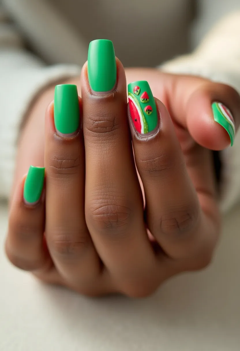 The nail design features a vibrant color palette dominated by a bright green hue that covers most of the nail surface. The nails are medium in length and have a squared shape with a slightly rounded tip. An intricate design on the ring finger illustrates a watermelon slice motif incorporating vivid red, pink, and black details to represent the fruit and its seeds. This artistic element provides a fresh and playful contrast against the solid green backdrop. The polish appears to have a matte finish, suggesting the use of a gel or acrylic treatment. The watermelon theme evokes a summer feel, making it ideal for seasonal summertime celebrations or a casual, fun event.