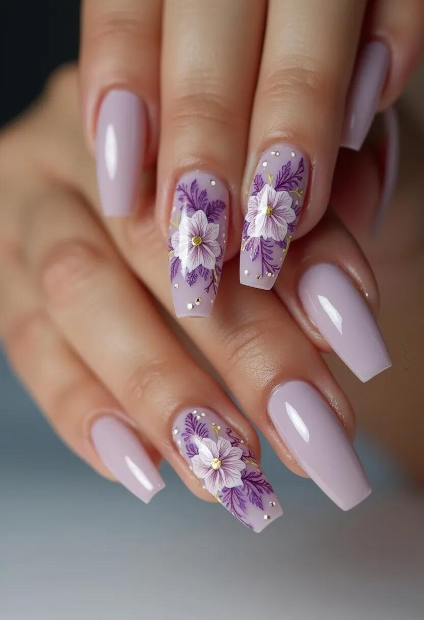 The nail design showcases a sophisticated and elegant look with a soft lilac color palette. The nails are of a coffin shape, which is stylish and modern. The design features intricate floral patterns on two accent nails, with detailed white flowers and purple foliage, adorned with tiny gold embellishments. These embellishments add a subtle sparkle to the overall design. The type of nail treatment appears to be a gel manicure, giving the nails a glossy and smooth finish. The floral patterns and pastel colors suggest a seasonal theme, likely suitable for spring or a special occasion like a wedding or a garden party. The delicate and detailed art makes the design stand out beautifully.