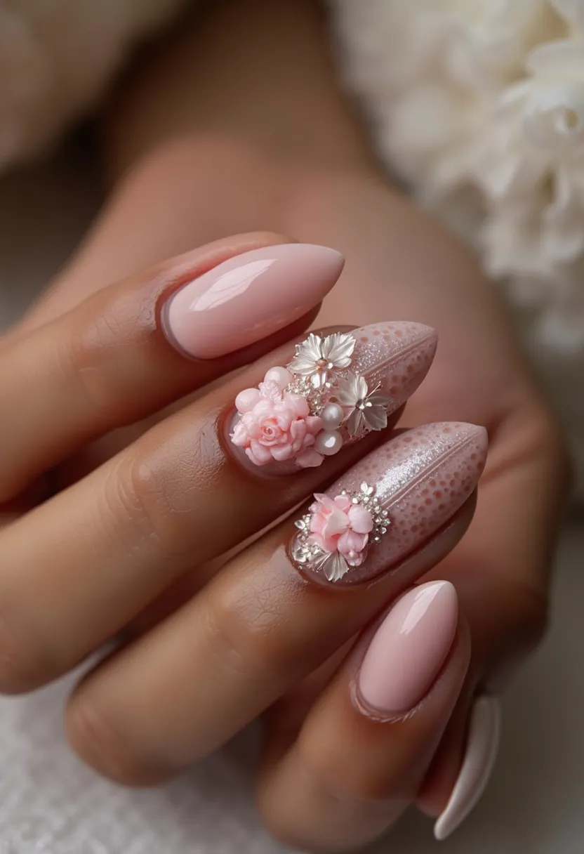 The nail design features a soft and elegant color palette dominated by a pastel pink base. The nails are shaped into a refined almond form, which elongates the fingers and adds a sophisticated touch. Intricate 3D floral decorations with detailed pink roses and silver accents adorn two of the nails, adding dimension and a touch of whimsy. These decorated nails also feature small pearls and sparkling rhinestones for additional texture and shine. The likely treatment used for this design appears to be a combination of gel and acrylic, providing both durability and a smooth, glossy finish. This exquisite and delicate nail art is highly suitable for special occasions such as weddings or romantic events.