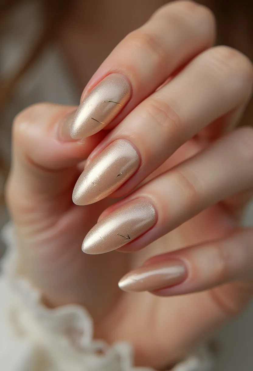 The nail design showcases a sophisticated and elegant look, characterized by a smooth, almond nail shape. The color palette features a shimmery, metallic nude that exudes a subtle, glamorous sheen, possibly indicative of a shellac or gel polish treatment. The design is accented with delicate black abstract lines, providing a minimalist yet chic touch. This look is versatile, suitable for both everyday wear and special occasions, and particularly aligns with a festive or winter holiday theme due to its polished, metallic finish. The understated decorations add a unique, personalized detail without overpowering the overall refined aesthetic.