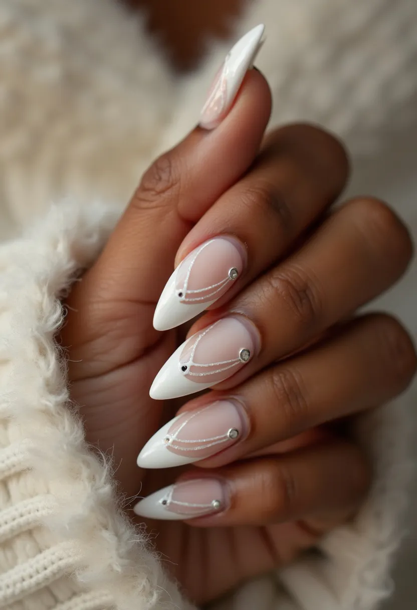 The nail design showcases a sophisticated and elegant style with almond-shaped nails. The color palette is a delicate blend of soft pink and white, creating a classy and refined look. The nails appear to be treated with a gel manicure, ensuring a smooth and glossy finish. Intricate white line patterns crisscross each nail, adorned with small rhinestones at strategic points, adding a touch of sparkle and glamour. This design is well-suited for special occasions such as weddings or formal events, and its clean, minimalist aesthetic also makes it ideal for winter or holiday seasons. The overall effect is both chic and stylish, offering a timeless appeal.