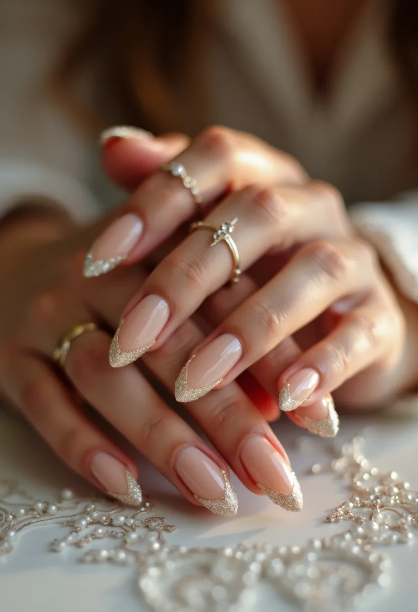 The nail design features a sophisticated and elegant appearance with an almond-shaped contour. The color palette used is predominantly neutral, with a soft, muted pinkish-nude base, complemented by glittery gold tips that mimic a modern French manicure style. The intricate decoration at the tips creates a delicate gradient effect, adding a touch of glamour. The nails appear to be treated with a gel or shellac manicure, ensuring a glossy finish and durability. This style is particularly suitable for special occasions such as weddings or festive events, while carrying a timeless appeal appropriate for all seasons. The subtle incorporation of glitter provides a stylish and festive touch without overwhelming the overall design.