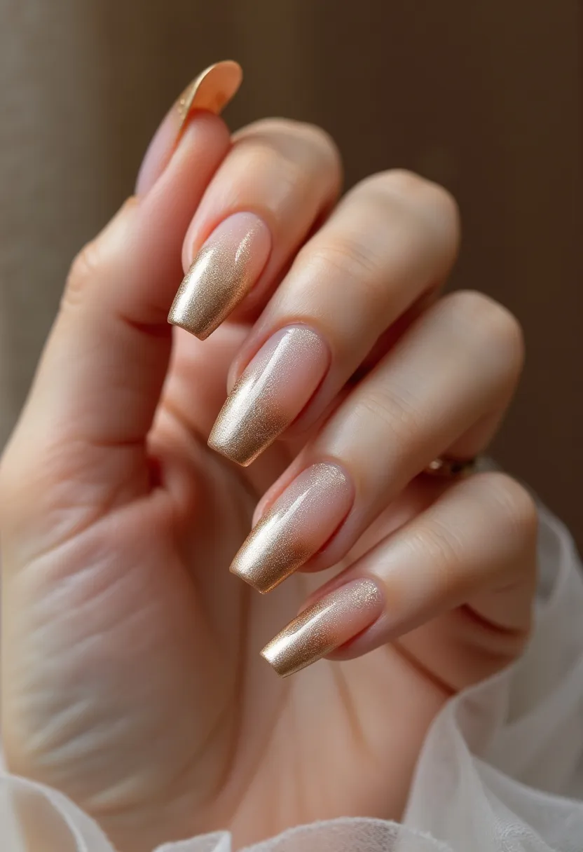 The nail design features a luxurious gold color palette with a metallic shimmer finish, suitable for an elegant and sophisticated look. The nails are shaped in a medium-length coffin style, providing a modern and fashionable appearance. The treatment appears to be a smooth gel application, creating a glossy and durable surface. The design is relatively simple yet striking, with a solid color that enhances the metallic effect without any additional intricate patterns or decorations. This nail design would be perfect for festive occasions, holiday celebrations, or any special event where a touch of glamour is desired.