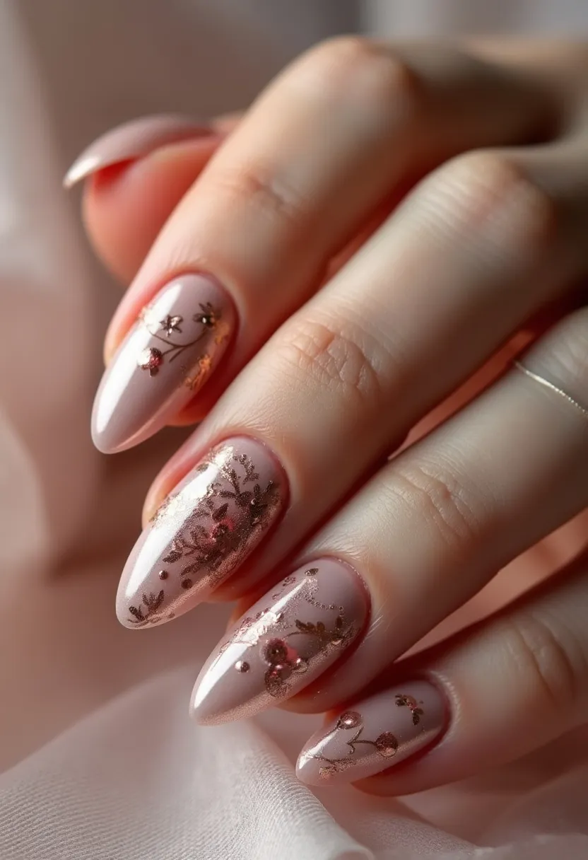 The nail design features a sophisticated and elegant aesthetic with a medium-length stiletto shape. The primary color palette includes a soft, nude pink base, accentuated with intricate floral patterns in metallic rose gold and slight hints of dark brown. This particular design appears to utilize gel nail treatment, which is evident from the glossy and smooth finish. The nails are adorned with delicate and detailed floral art that wraps organically around each nail, giving the impression of a blooming garden. These intricate details are complemented by occasional small, glittery accents that add a touch of sparkle. The overall design evokes a sense of refinement and is suited for special occasions, possibly reflecting a romantic or autumnal theme.