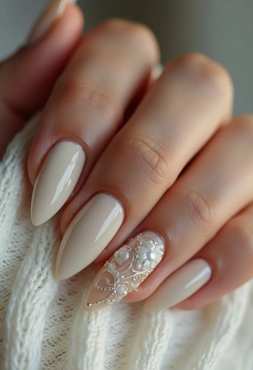 The nail design features almond-shaped nails adorned with a soft, nude color palette that exudes elegance and sophistication. One nail stands out with intricate 3D floral decorations and delicate silver filigree, adding a touch of subtle glamour. The nails appear to be treated with a gel coating, providing a glossy finish and long-lasting durability. This design showcases a refined and feminine aesthetic, making it suitable for weddings or other special occasions, while also being versatile enough for everyday wear.