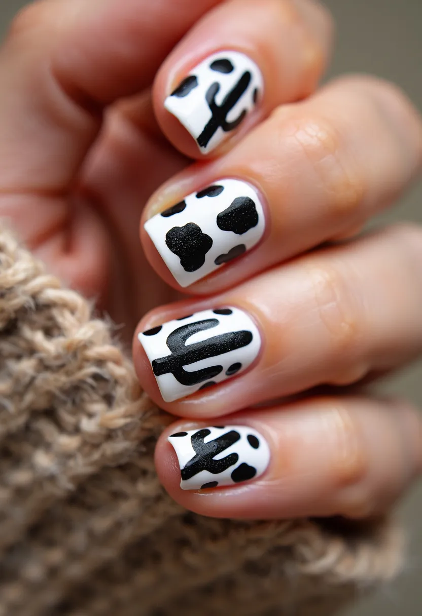 The nail design features a striking combination of black and white, with a palette that includes a bright white base and black decorative elements. The nails are short and have a square shape. Intricate patterns are present, resembling cow spots and cactus silhouettes, offering a unique and playful vibe. The nail treatment appears to be gel due to the glossy and smooth finish. This design could be suitable for a casual or fun desert-themed event, providing a stylish and creative aesthetic. The meticulous detailing suggests a professional application, enhancing the overall look of the nails.