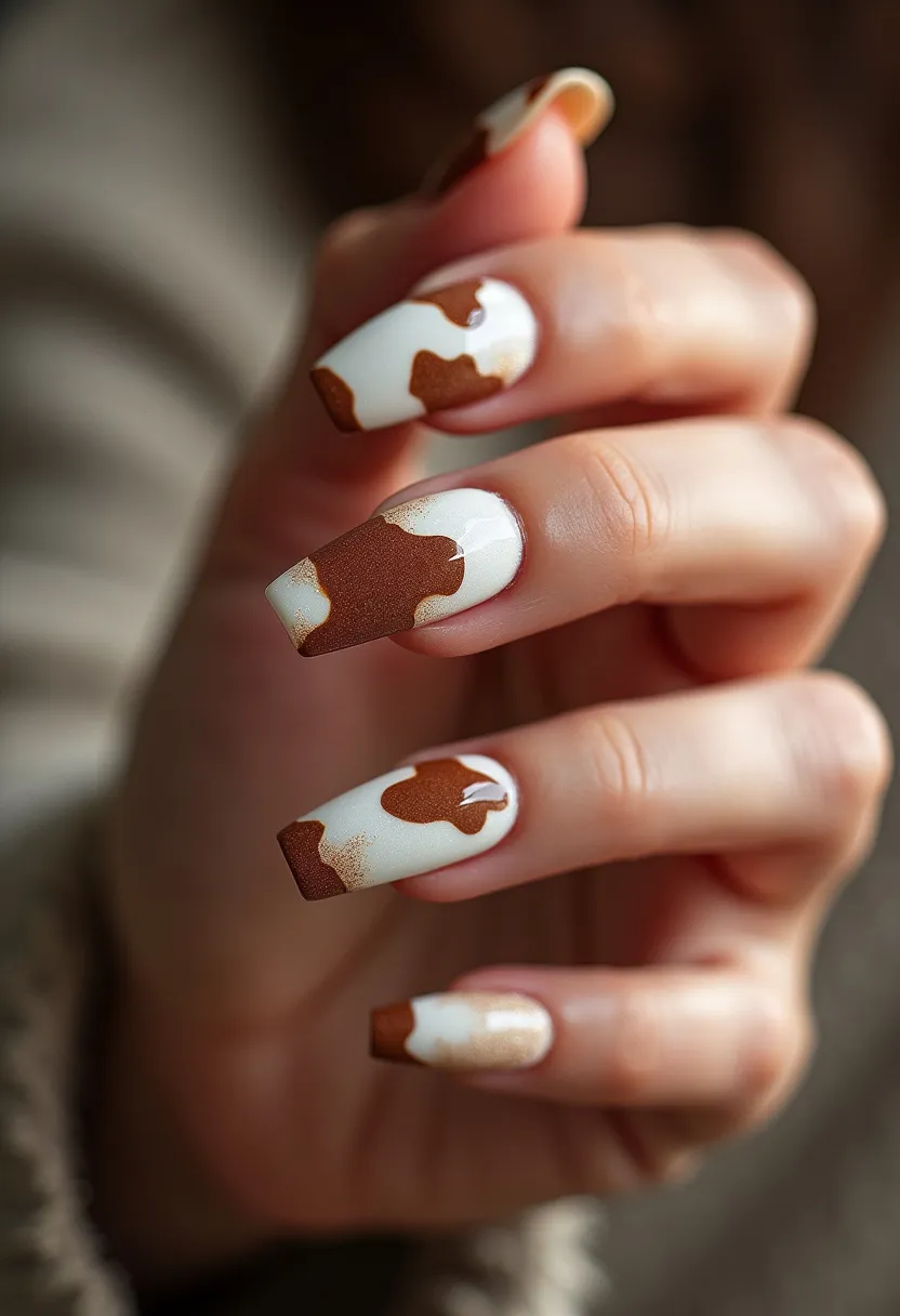 The nail design features a cow-print pattern, combining white and brown shades. The nails are shaped in a long, squared-off fashion. The pattern consists of irregular spots of brown color over a white base, creating a harmonious and eye-catching design. The finish appears shiny, suggesting the use of a gel or a glossy top coat treatment, enhancing durability and sheen. This design could be perfect for autumn or any rustic-themed occasion. The cow-print detailing adds a playful and trendy touch to the overall look, demonstrating a creative approach to nail art.