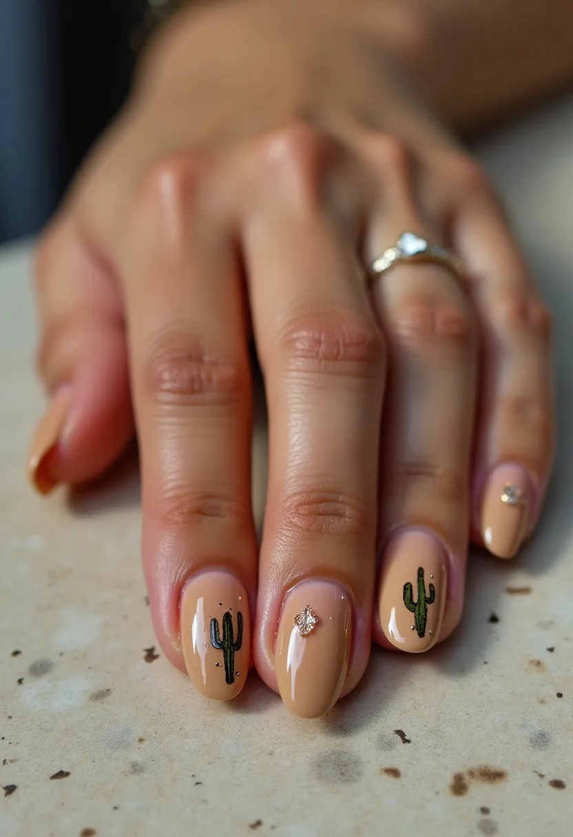 The nail design features a color palette predominantly consisting of a beige base with a touch of light sheen, likely indicating the use of gel or shellac for a glossy finish. The nails are shaped into a well-maintained oval form. Unique details include hand-painted cactus designs in green on the middle and pinky fingers, adding a touch of whimsy and desert theme to the look. Additionally, there are small rhinestone embellishments on the ring and index fingers, providing a subtle, sparkling accent. The overall design feels playful and sophisticated, making it suitable for everyday wear or a special occasion with a casual yet polished ambiance.