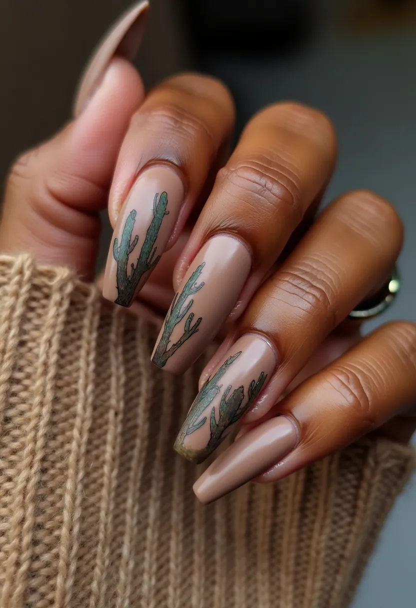 The nail design features a nude color palette with a subtle, muted base that leans towards a beige or tan shade. The nails are long, shaped in a square coffin style. Adorning each nail is an intricate cactus pattern in a variety of greens, which adds a touch of nature-inspired art. The green hues of the cacti appear well-blended, creating a realistic look. These nails appear to be treated with gel, providing a glossy finish that enhances the overall appearance. The design is intricate and artistic, a perfect fit for a themed event or a desert-inspired occasion. The nude and green combination adds a sophisticated and earthy vibe.