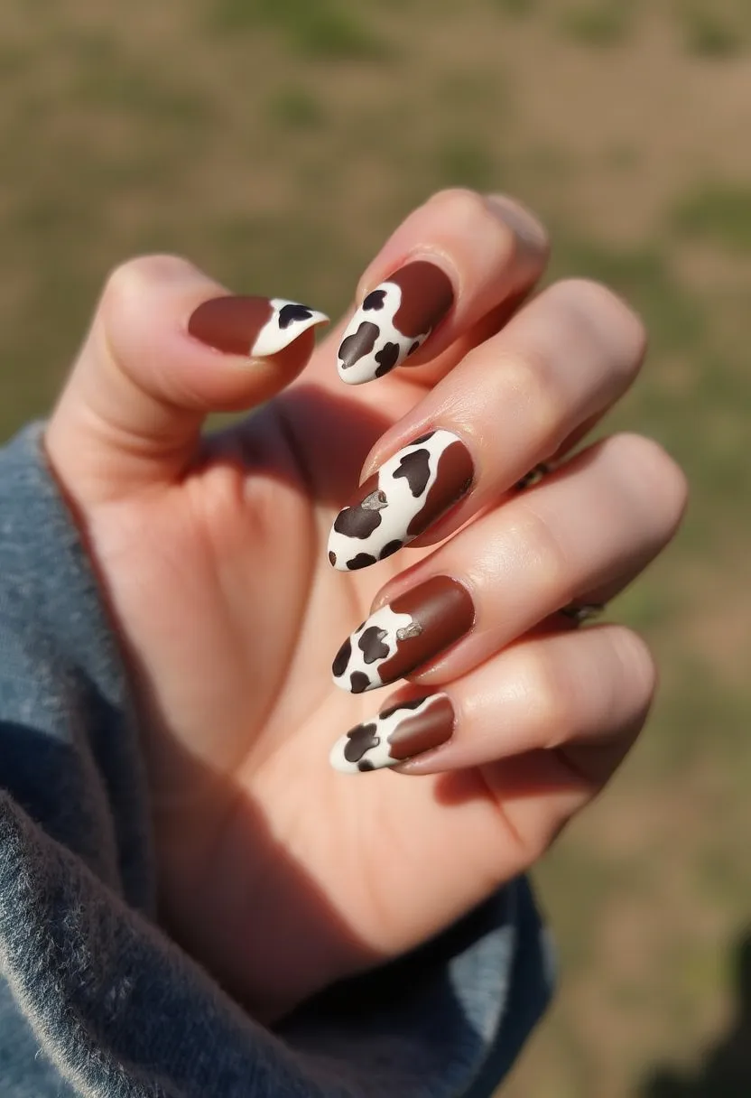 This nail design features a creative cow print pattern, blending a palette of brown, black, and white shades. The nails are almond-shaped with a more pointed tip, accentuating the nails' length and elegance. The cow print design is intricately done, with black spots on white backgrounds artistically placed over a solid brown base. The contrast between the dark spots and the white areas creates a striking visual effect. The nail treatment appears to be a gel-based application, providing a smooth and glossy finish. This design is playful and unique, making it suitable for a fun, casual look or a themed occasion, possibly inspired by a rustic or countryside motif.