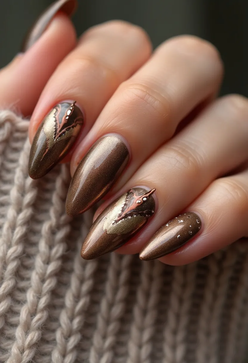 The nail design features a rich, bronze metallic color palette perfect for a chic and elegant look. The nails are shaped in a long almond form, providing a sophisticated and elongated appearance. One of the standout features includes intricate patterns on a couple of nails, showcasing a delicate design resembling ornamental embellishments, along with tiny, sparkling rhinestones. The nails appear to be treated with gel, contributing to the glossy and smooth finish. This design, with its warm tones and subtle decorations, is suitable for the autumn season or festive special occasions, offering a touch of glamour and elegance.