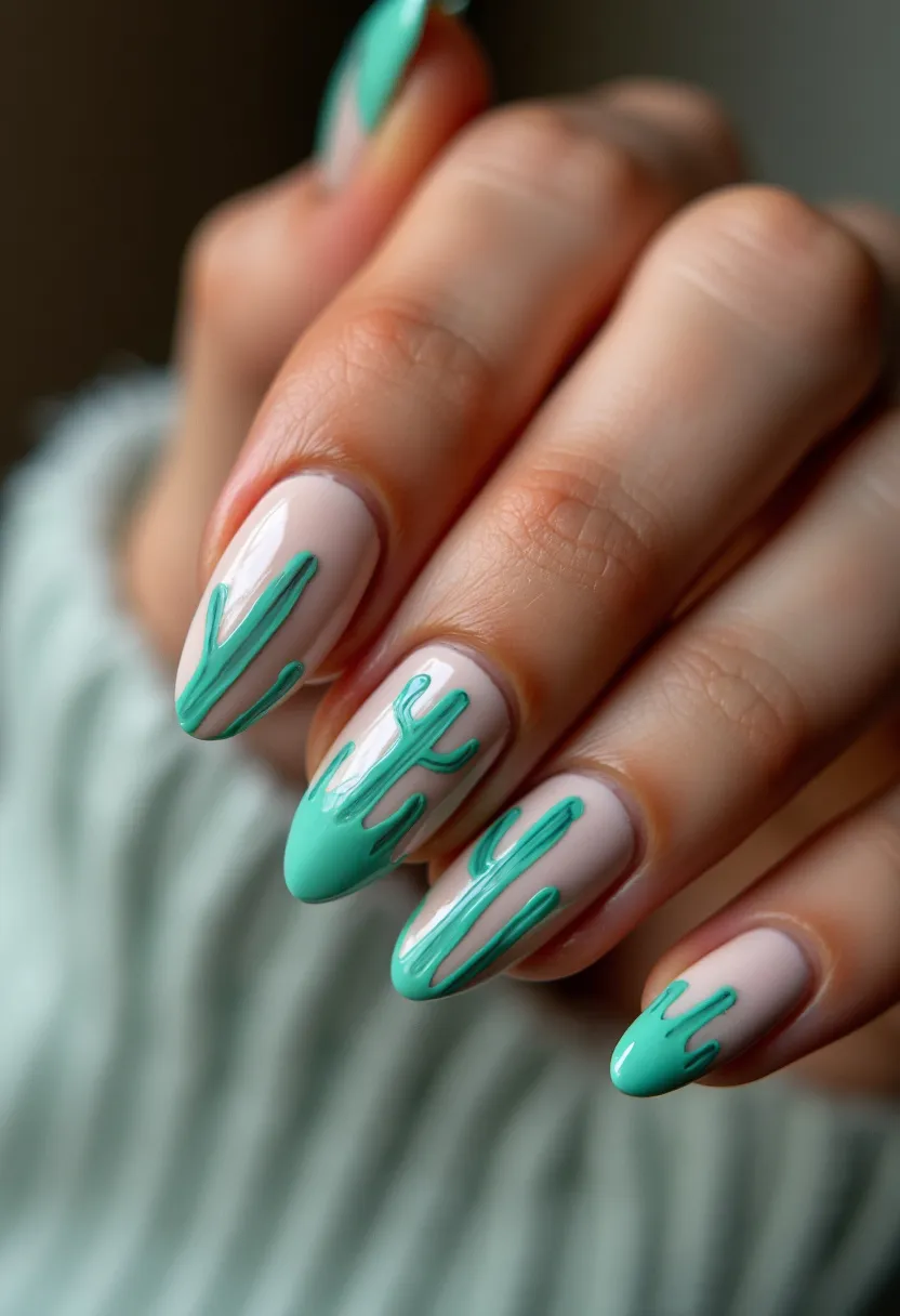 The nail design features a stylish combination of mint green and a nude base color, creating a fresh and modern look. The nails are almond-shaped, contributing to an elegant and sophisticated appearance. The design is intricate, with mint green abstract patterns that resemble dripping paint or artistic brushstrokes over a nude base, providing a visually appealing contrast. This set appears to be created with gel polish, as indicated by the smooth and glossy finish. The design is unique and eye-catching, making it suitable for a trendy, contemporary look.