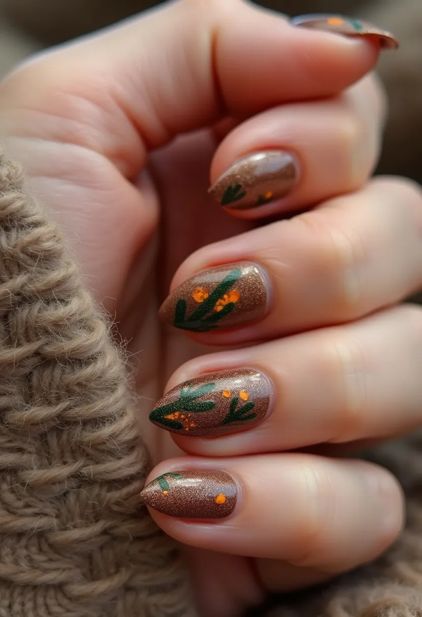 The nail design features a palette of shimmering bronze as the base color, adding a subtle sparkle to the nails. The nails are medium-length and almond-shaped, providing an elegant and refined appearance. Intricate patterns in the form of green foliage and small orange dots resembling berries are artfully painted on each nail, creating a festive and botanical theme that evokes the autumn season. The manicure appears to be achieved using gel polish due to its glossy and smooth finish, which highlights the vibrant colors and intricate details. This design is suitable for seasonal celebrations, capturing both warmth and festivity, particularly resonant with the fall season and its rich, earthy tones.