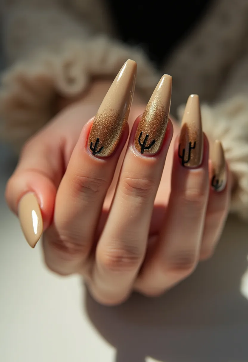 The nail design features a color palette of warm beige and gold tones, creating a gradient effect that transitions from light to dark towards the tips. The nails are long and almond-shaped, showcasing a sophisticated elegance. There are black cactus silhouettes painted near the cuticles, adding a playful and artistic touch. The nails appear to be treated with gel polish, given their smooth, glossy finish and seamless gradient. This design likely embraces a Southwestern or desert theme, making it suitable for both casual and special occasions with a nature-inspired or bohemian aesthetic. The combination of gradient colors and minimalist cactus art offers a unique and trendy look.