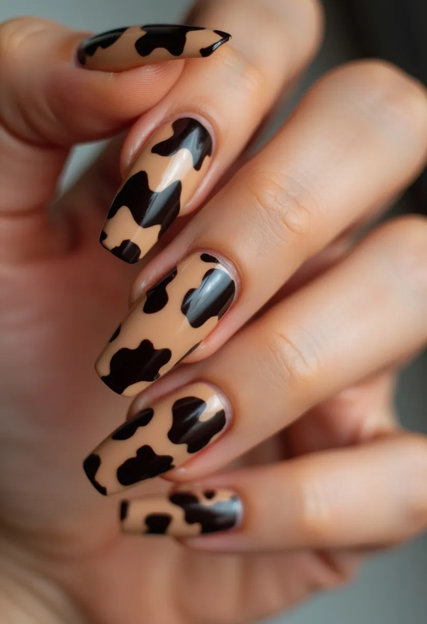 The nail design features a striking cow print pattern, characterized by irregular, black spots on a nude or beige background. The nails are shaped in a long, tapered square form that is both stylish and practical. This particular design appears to be executed using gel polish, evident in the high-gloss finish and smooth texture. The color palette is limited to classic black and nude, creating a bold and chic contrast that is versatile for various occasions. The playful, animal-inspired pattern is ideal for those looking to make a statement, perhaps during a fun event or seasonal transition, adding a touch of whimsy to the look.