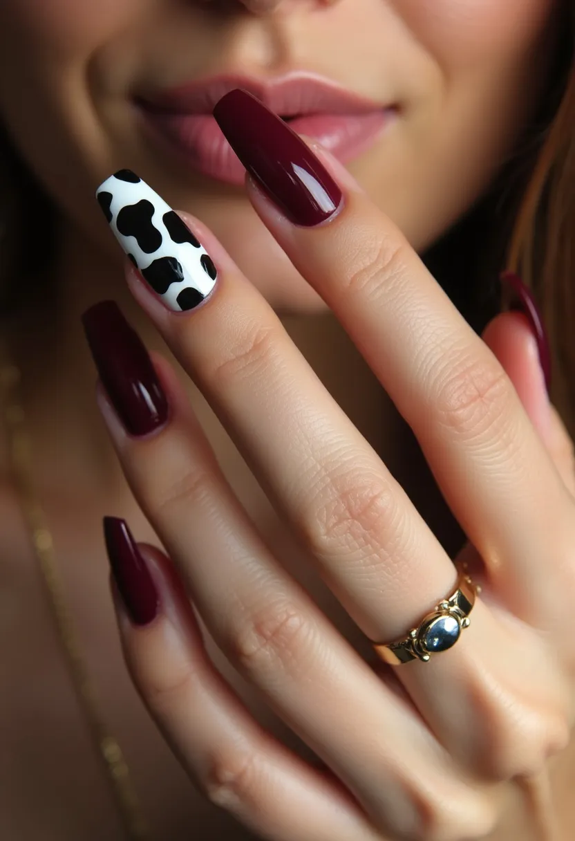 The nail design features a bold and striking color palette with predominantly deep maroon nails, accentuated by a unique pattern on the ring finger. The ring finger showcases a cow print pattern in black and white, adding an eye-catching contrast to the overall look. The nails are long and almond-shaped, giving a sophisticated and elegant appearance. The shiny finish suggests a gel or acrylic treatment, providing durability and a sleek glossy look. This design combines classic elegance with a playful touch, making it versatile for both casual settings and special occasions.