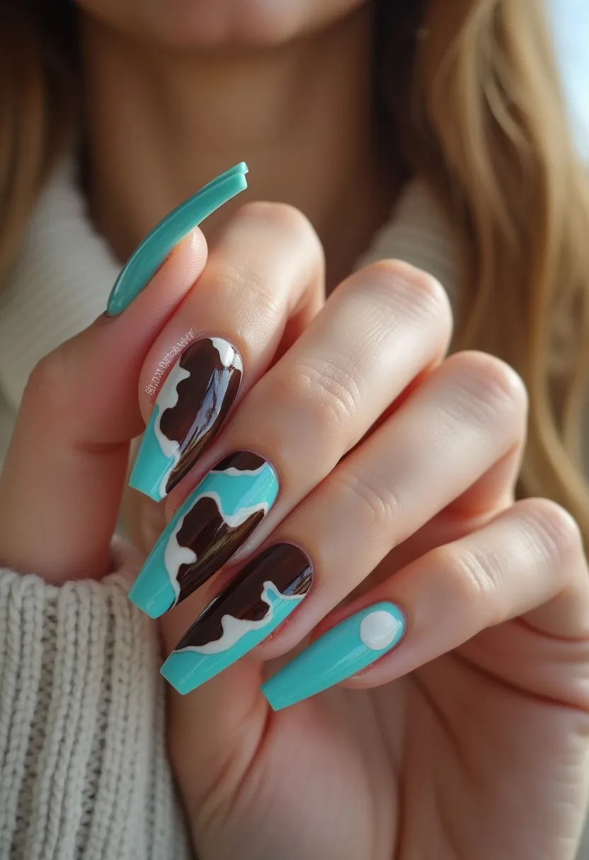 The nail design showcases a striking and unique style with a color palette consisting of turquoise, dark brown, and white. The nails are long and shaped with a squared-off tip. The intricate pattern on the nails features a playful mix of wavy lines and blocks of color, resembling an abstract, freeform ice cream or food theme where the brown and white give an impression of chocolate and cream dripping. One of the nails, specifically the pinky, is kept simple with a turquoise base and adorned with a singular white dot near the cuticle. The treatment appears to be gel with its glossy, high-shine finish and smooth application. The design feels fun and whimsical, possibly hinting at a casual, summer theme or a special playful occasion.