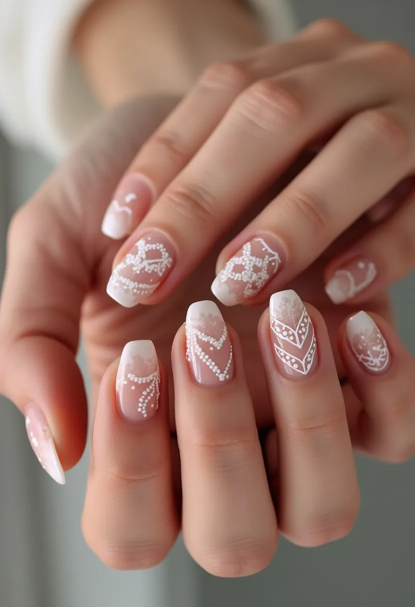 The nails exhibit a delicate and elegant design characterized by a pale pink base color with white intricate lace-like patterns and fine dotting details. The nail shape is a natural, squared oval, providing a classic yet refined look. The elaborate patterns are likely achieved through a gel or shellac treatment, as they offer a smooth and long-lasting finish. The lace patterns and soft pastel color palette hint at a bridal or romantic theme, making this design perfect for weddings or other special occasions where a touch of sophistication is desired. The refined artwork and muted color palette create an overall sophisticated and timeless appearance.