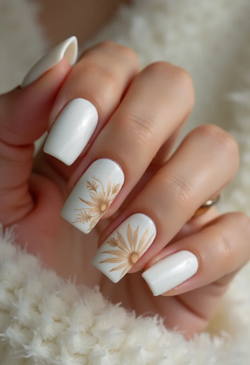 The nail design showcases a sophisticated and elegant look featuring a glossy white color palette. The nails are medium length with a square shape, offering a clean and modern aesthetic. Two of the nails on each hand display intricate daisy floral patterns in a delicate gold color, creating a striking contrast against the white base. The intricate details and careful execution suggest the use of gel treatment for a smooth and glossy finish. The gold floral design adds a touch of elegance and is fitting for a spring or summer occasion, making the nails suitable for both daily wear and special events.