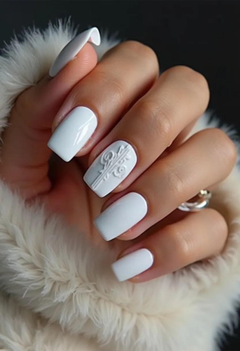 The nail design showcases a pure white color palette that exudes elegance and simplicity. The nails are shaped in a modern square form, offering a chic and polished look. One nail features an intricate, embossed floral pattern that adds a touch of sophistication and artistry to the overall design. The shiny and smooth finish suggests the use of either gel or shellac treatment, ensuring durability and a high-gloss appearance. This minimalistic yet detailed design is perfect for winter or a special occasion, such as a wedding, due to its clean and refined aesthetic.