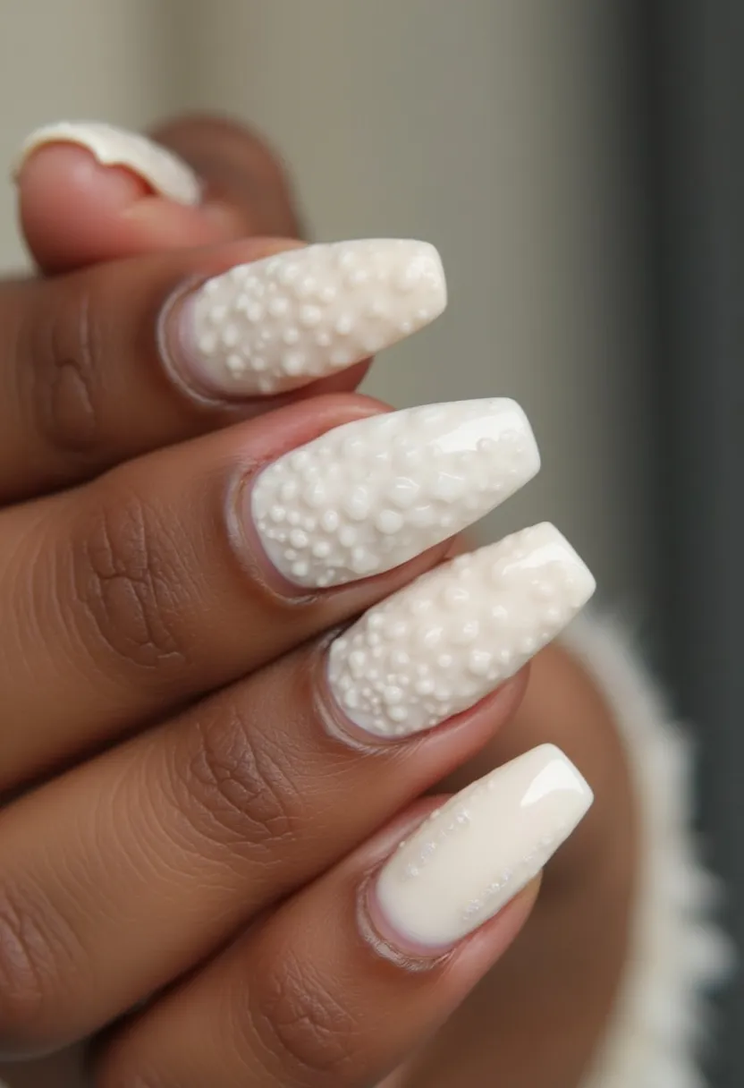 The nail design showcases a sophisticated and elegant style with a creamy off-white color palette. The nails are shaped in a long, square-tip form, providing a sleek and modern appearance. Intricate patterns featuring a textured, bubble-like 3D effect add depth and a tactile element to the design, making it visually striking. The treatment used appears to be gel polish, which offers both durability and a glossy sheen. This design includes unique raised decorations that contribute to its overall exquisite aesthetic. The creamy, neutral color and intricate details make this design suitable for a variety of occasions, including weddings or other formal events, and it exudes a seasonal charm appropriate for winter celebrations.