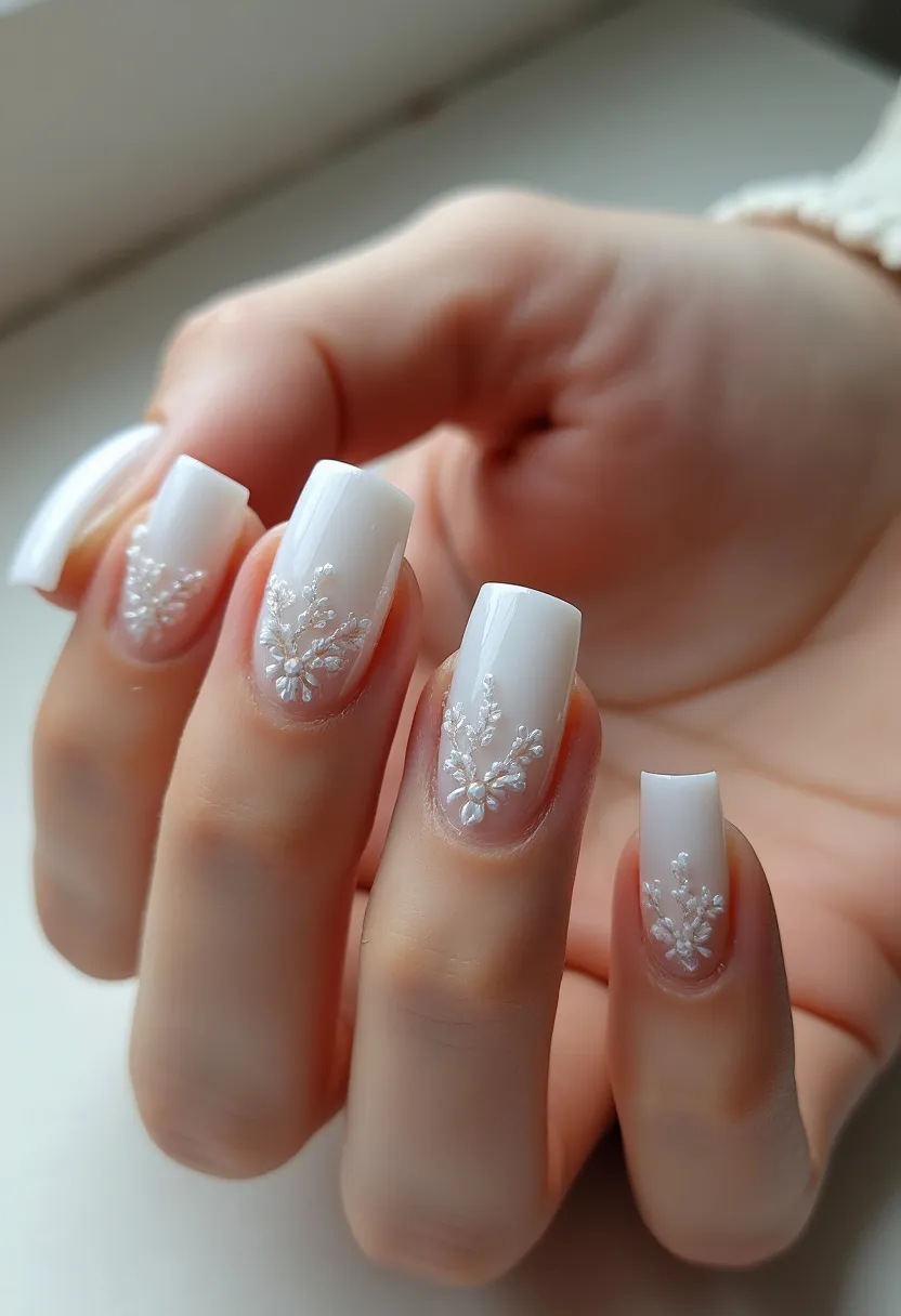 The nail design features nails with a square shape and a pristine white color palette. The nails are highlighted with intricate three-dimensional floral patterns in a delicate, light-reflective material that adds a touch of elegance. The treatment appears to be either gel or acrylic, providing a glossy and smooth finish. The design is sophisticated and clean, making it ideal for special occasions such as weddings or formal events, and it evokes a timeless and classical aesthetic that matches well with the season of winter. The detailing and artistry of the nail art enhance the overall delicate and refined look.