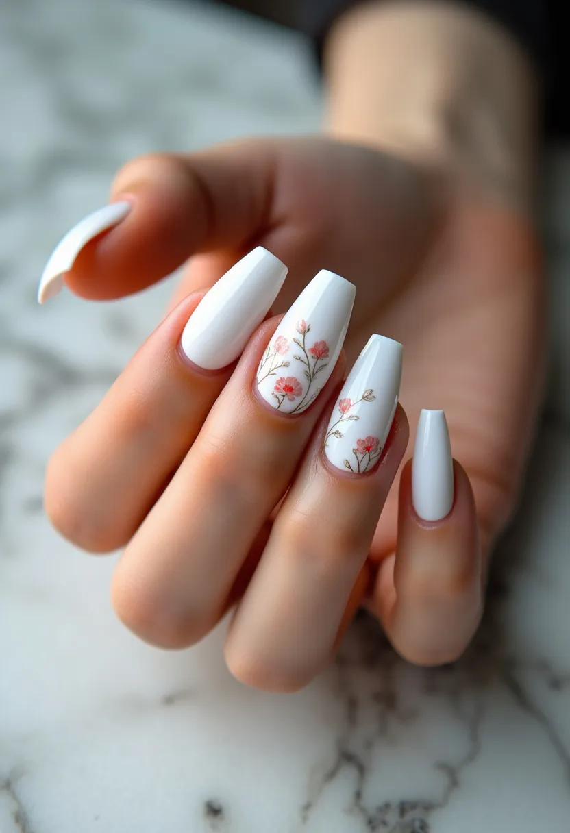 The nail design features a predominantly white color palette, giving a clean and sophisticated look. The nails are long and shaped in a coffin style, providing an elegant canvas for the design. Two of the nails on this hand showcase intricate patterns of delicate pink flowers with fine green stems, adding a touch of nature-inspired artistry. This type of nail treatment appears to be gel, known for its glossy and durable finish. The floral design suggests a lovely spring or summer theme, ideal for seasonal celebrations or simply for an everyday chic appearance. The combination of the simple white base with the detailed floral accents makes this design both refined and charming.