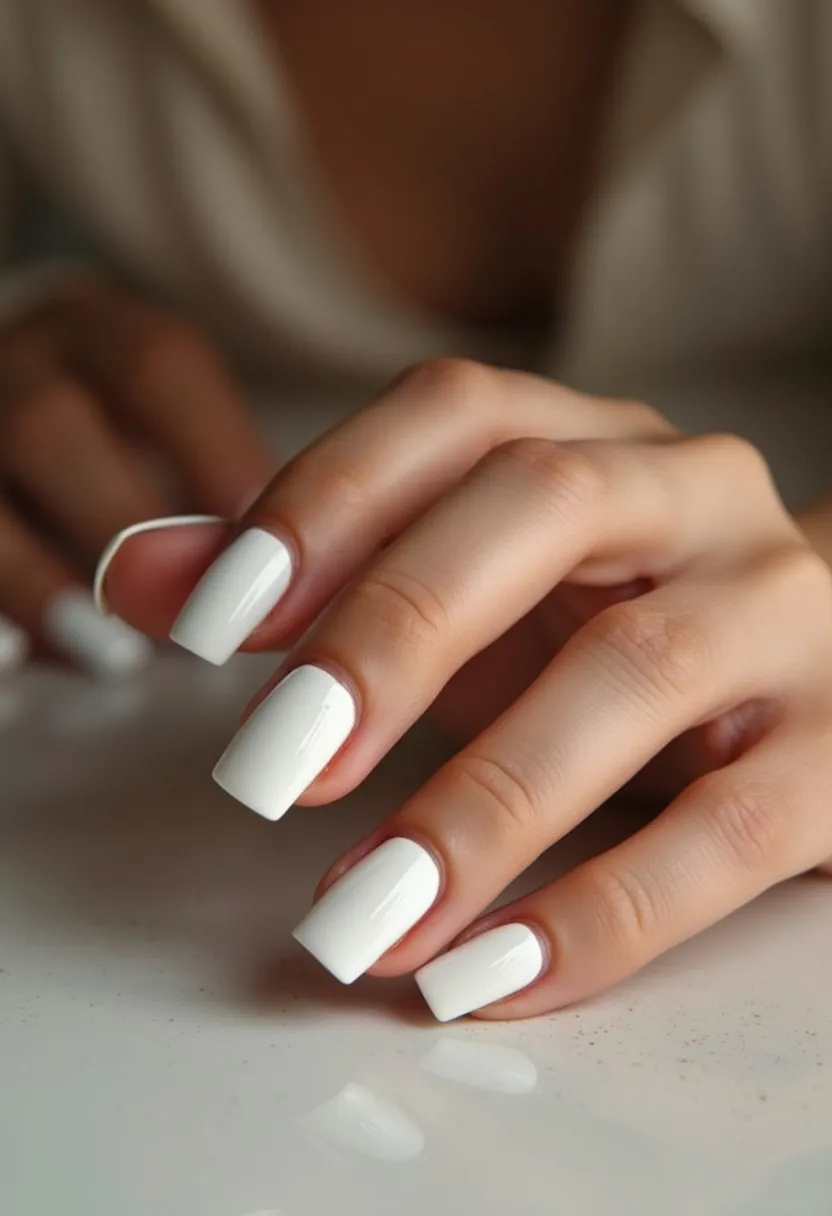 The nail design showcases a sophisticated and clean look with a solid white color palette. The nails are shaped in a well-defined square style, providing a modern and tidy appearance. The finish of the nails indicates they are likely treated with a gel polish, giving them a glossy and long-lasting shine. There are no additional patterns or decorations, keeping the design minimalistic and elegant. This classic white design is versatile, suitable for various occasions, and can be particularly fitting for bridal events or any season, offering a timeless and polished aesthetic.