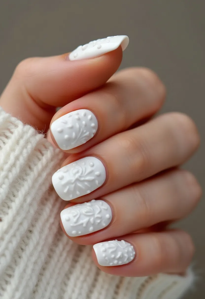 The nail design features a crisp, clean white color palette. The nails have a square shape with rounded edges, presenting a neat and classic appearance. Each nail showcases intricate 3D embossed patterns, resembling delicate floral and lace motifs that add an elegant texture. The treatment used appears to be gel, providing a glossy and sturdy finish ideal for holding the raised designs. The overall look gives off a cozy and sophisticated winter vibe, suitable for special occasions such as weddings or holiday celebrations, and pairs well with thick, knitted fabrics. These unique details enhance the nails' visual appeal, making them stand out stylishly.